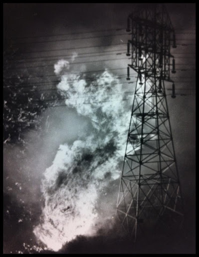 Sycamore Fire burns near power lines, 1977.
